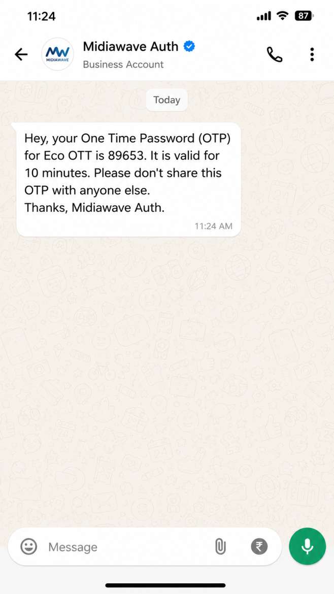 WhatsApp chat showing authentication code delivery